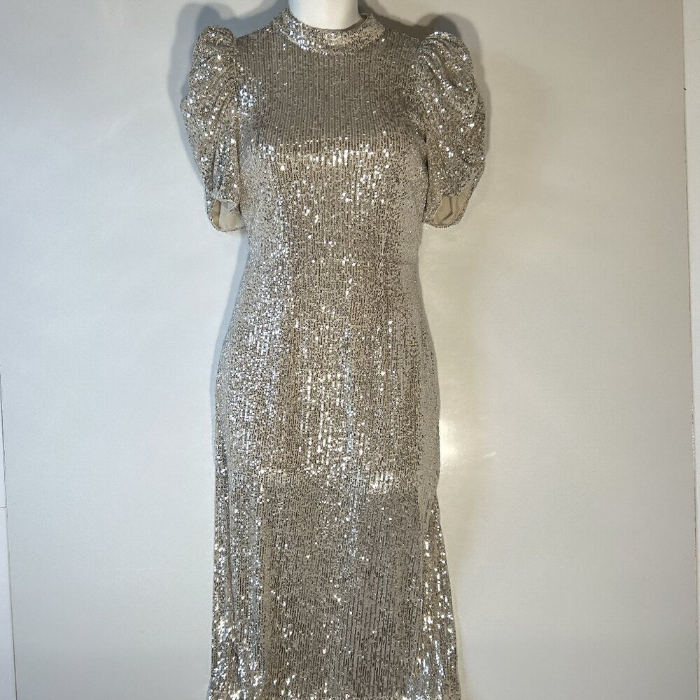 H&M SZ S Silver sequin midi dress formal party old glamour sexy vintage inspired